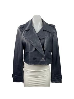7 For All Mankind Black Faux Leather Vegan Cropped Biker Moto Coat Jacket Size M